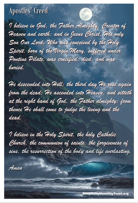Apostles Creed Inspirational prayer card. www.SimplicityHumilityTrust.org