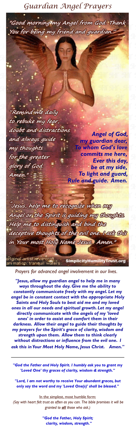 Guardian Angel Inspirational prayer card. www.SimplicityHumilityTrust.org